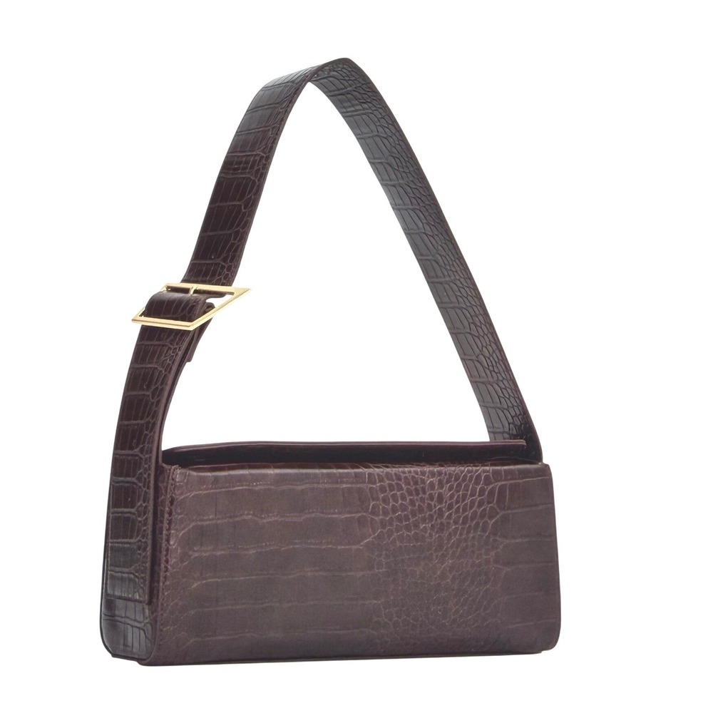 MESHKI Maria Boxy Faux Croc Embossed Shoulder Bag Brown Gold Buckle NWT